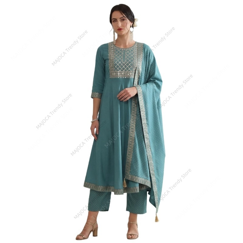 Salwar Kameez Set - Pauwblauwe Indiase dames 3-delige set met