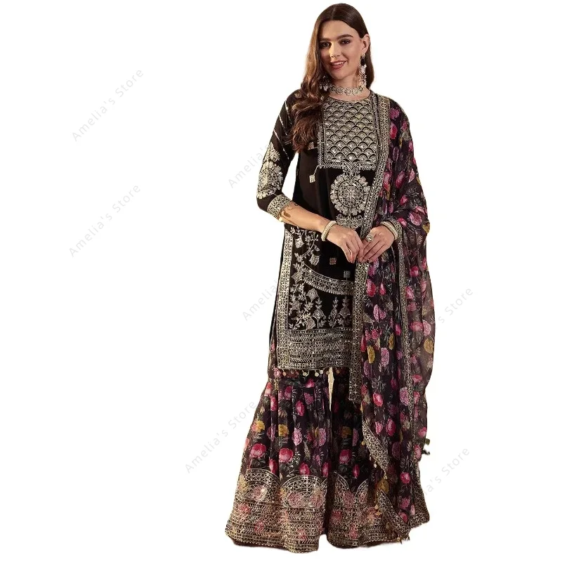 Salwar Kameez Set - Dames Vintage Indiase zware geborduurde Georgette